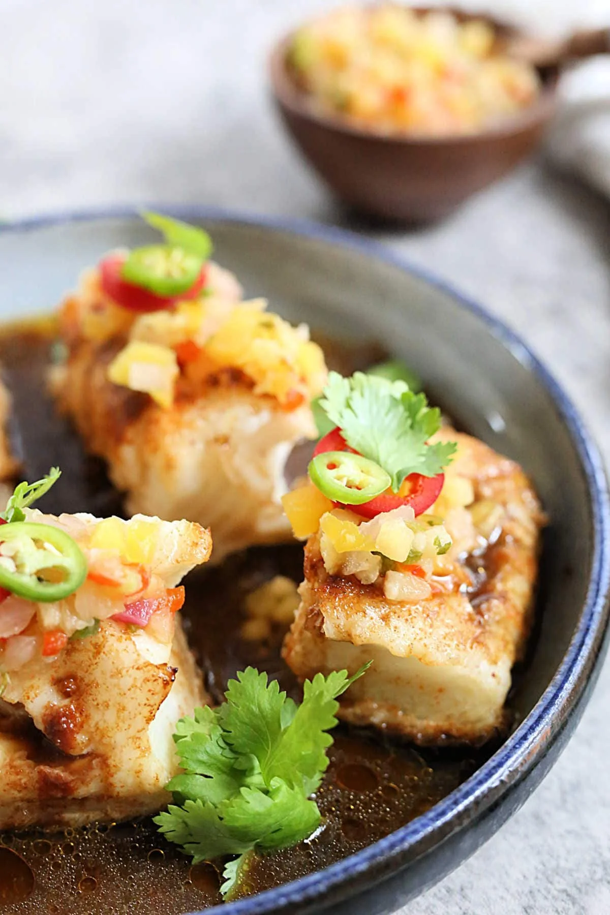 &nbsp;Baked Chilean Sea Bass with Soy-Orange Marinade and Mango Pineapple Salsa