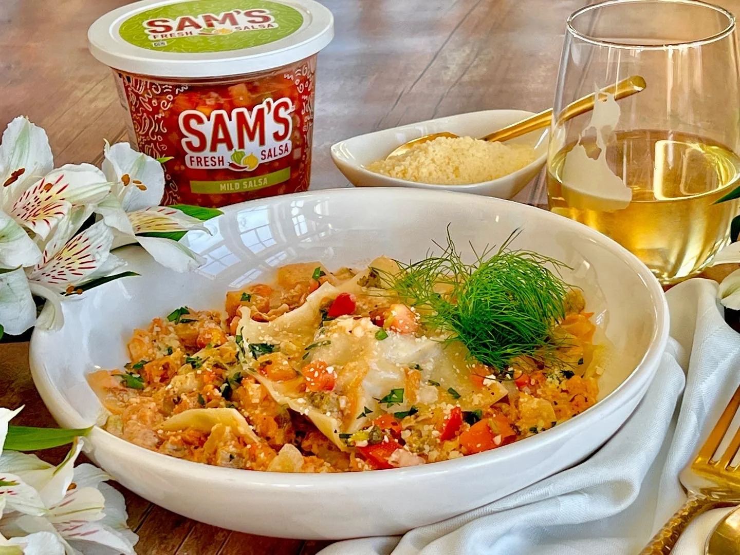 Shortcut Sausage Ravioli with Sam’s Fresh Salsa and Fennel Cream Sauce