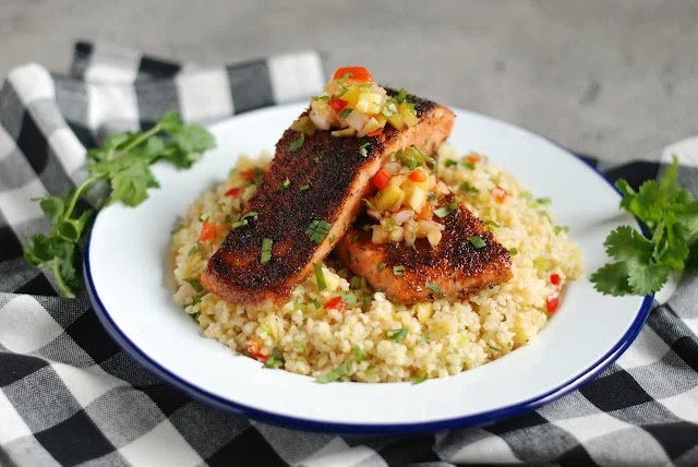 Blackened Salmon with Pineapple Mango Salsa Tabouli